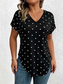EMERY ROSE V-Neck Black Polka Dot Short-Sleeved Casual T-Shirt - Multicolor - View 4