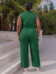 CurvyTilda Plus Size Elegant & Commute & Casual Solid Yellow Sleeveless V-Neck Open Front Drawstring Waist Cross Pockets Ankle-Length Jumpsuit, Spring/Summer, Women - Green - View 2