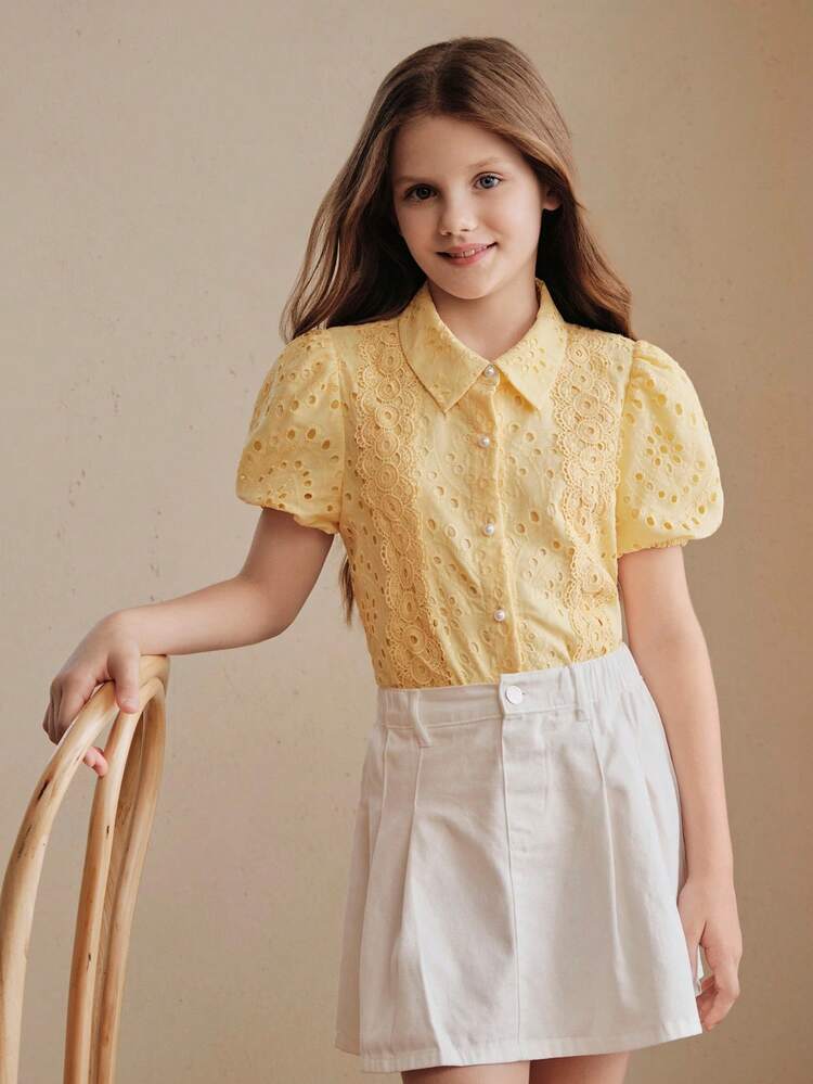 Anewsta Spring/Summer New Girls' Blouse With Heavy Hollow Embroidery, Puff Sleeves, Pearl Buttons, Elegant Versatile Short Sleeve Shirt - Yellow - View 5