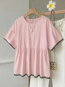SHEIN EZwear 粉色亞麻編織女款襯衫，貝殼刺繡圖案，適合夏季 - 淺粉色 - 查看 5