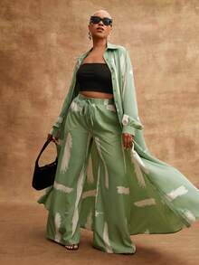 Vixey Printed Woven Drawstring Waistband Wide Leg Vacation Pants - Green - View 5