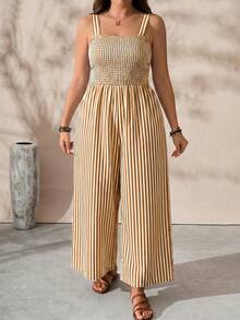 EMERY ROSE Mono casual de vacaciones con cuello cuadrado y rayas para mujer - Café integral - Ver 4
