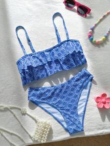 Swim Mod 花卉荷葉邊可愛甜美復古休閒度假海邊海灘女款泳衣套裝 - 藍色 - 查看 2