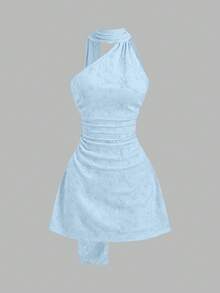 Sweetra Spring/Summer Fashion New Beach Romantic Vacation Pink Textured Minimalist Sexy Scarf Asymmetrical Shoulder Waist-Cinched Slimming A-Line Short Dress For Women Summer Outfit - Blue - View 1
