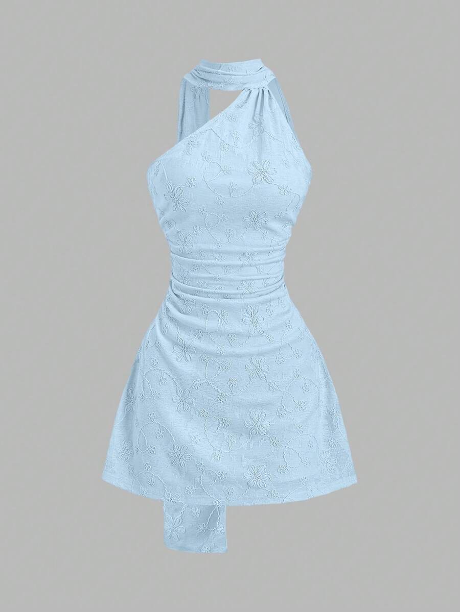 Sweetra Spring/Summer Fashion New Beach Romantic Vacation Pink Textured Minimalist Sexy Scarf Asymmetrical Shoulder Waist-Cinched Slimming A-Line Short Dress For Women Summer Outfit - Blue - View 1