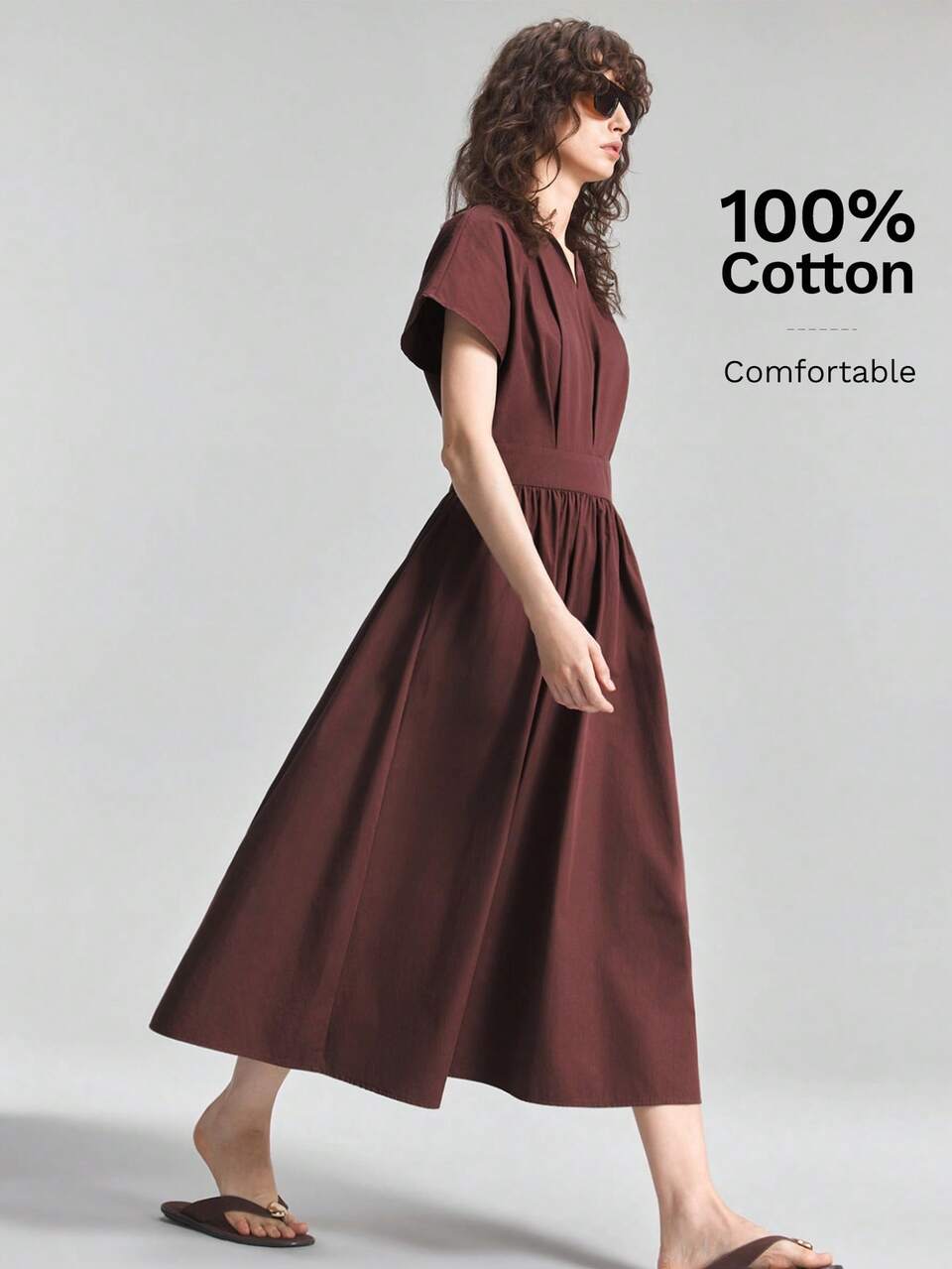 2026 New Summer Loose Fit Solid Dark Brown Batwing Sleeve Woven Fabric V-Neck Ruched Waist Cinched Design Back Zipper Casual Commute Urban Elegant