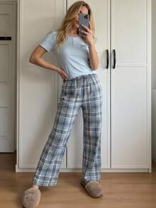 少女甜美可爱优雅休闲舒适柔软简约时尚短袖针织纯色上衣，饰有蝴蝶结刺绣，搭配宽松格纹阔腿裤睡衣套装，2件套 - 彩色 - 查看 9
