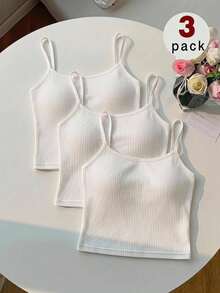 SHEIN Tween-Mädchen Tween-Mädchen Tween-Mädchen 3-teiliges weißes einfaches, grundlegendes, bequemes Camisole-Set, Mädchen Unterwäsche-Set, bequemes gestricktes Baumwoll-Camisole, ganzjährig - Weiss - Übersicht 7
