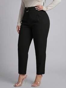 SHEIN PETITE CURVE Plus Size Solid Color Minimalist Pleated Summer Casual Versatile Long Pants - Black - View 8