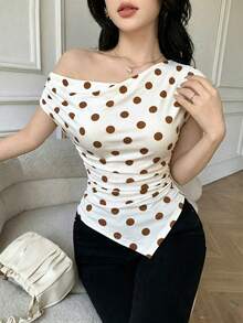 Celisse Women's Fashion Vacation Polka Dot Print Ruffle Asymmetric Hem T-Shirt - Khaki - View 4