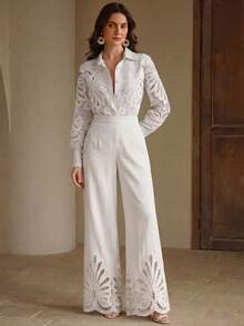 Anewsta Elegant And Sophisticated Women's 2 Pieces Set With Water-Soluble Lace Patchwork Design, Suitable For Commuting, Dating, Afternoon Tea And Other Light Social Occasions - White - View 3