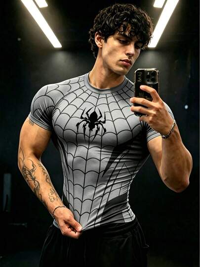 GymBeat Men's Spider Print Raglan Short Sleeve Sports T-Shirt