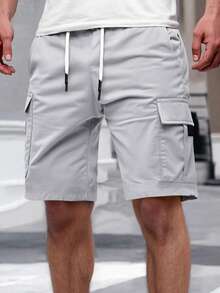 Manfinity Homme Men's Solid Color Elastic Waist Drawstring Pocket Cargo Shorts - Light Grey - View 6