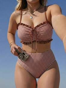 Swim Mod 2026 New Spring/Summer Brown Plaid Random Print Ruffled Trim Pearl Pendant Front Drawstring Women's Cute Sweet Bikini Set Set, Suitable For Summer Beach And Vacation - Multicolor - View 5