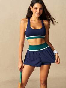 VARSIVA American Vintage Style Women's Striped Colorblock Cropped Tank Top And Shorts Sports Fitness Set - Multicolor - View 9
