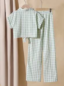 Mädchen Sommer Neues Kurzarmhemd, frisches weißes und grünes kariertes Kurzarmhemd mit Kragen und weite Hose Set, lässiges Mode Outfit - Grün - Übersicht 2