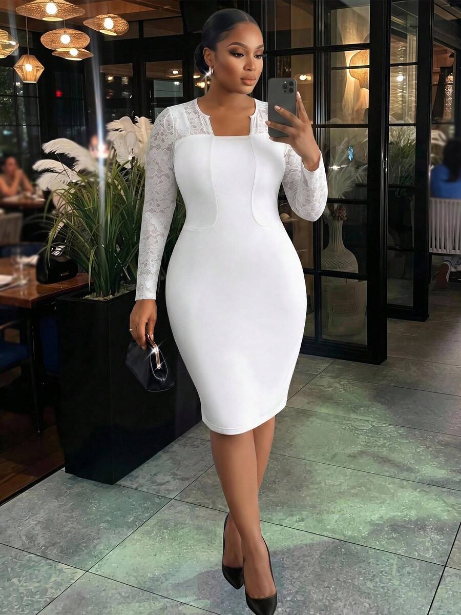 SHEIN Lady CURVE 大尺碼女款蕾絲優雅收腰派對洋裝 - 白色 - 查看 1