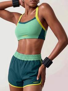 Powerista Green Colorblock Yellow Wide Shoulder Straps Sports Bra And Women's Gym Shorts Set For Running & HIIT Workout Women Summer Gym Sets - Green - View 5