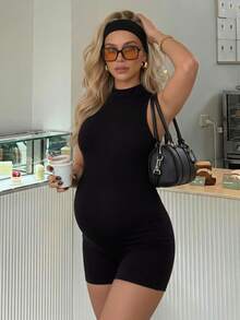 SHEIN Maternity Solid Color Casual Daily Wear Sports Romper - Black - View 5