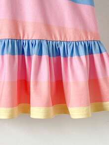 Cozy Pixies Baby Girl Casual Home Sweet Cute Rainbow Striped Button Front Lapel Sleeveless Patchwork Ruffle Hem A-Line Dress T-Shirt Dress Polo Dress - Multicolor - View 6
