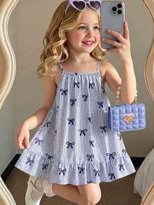 SHEIN Elladie kids 这款女童梭织连衣裙饰有条纹蝴蝶结、数码印花、亮红色条纹裙摆和荷叶边。非常适合日常夏季穿着、外出、旅行、度假和参加派对。 - 彩色 - 查看 3