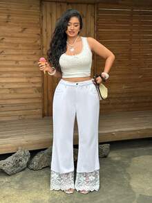 Sunnyshic Plus Size Women's Casual Versatile Daily Wear Denim Flare Jeans With Pockets, Buttons And Lace Patchwork - White - View 6