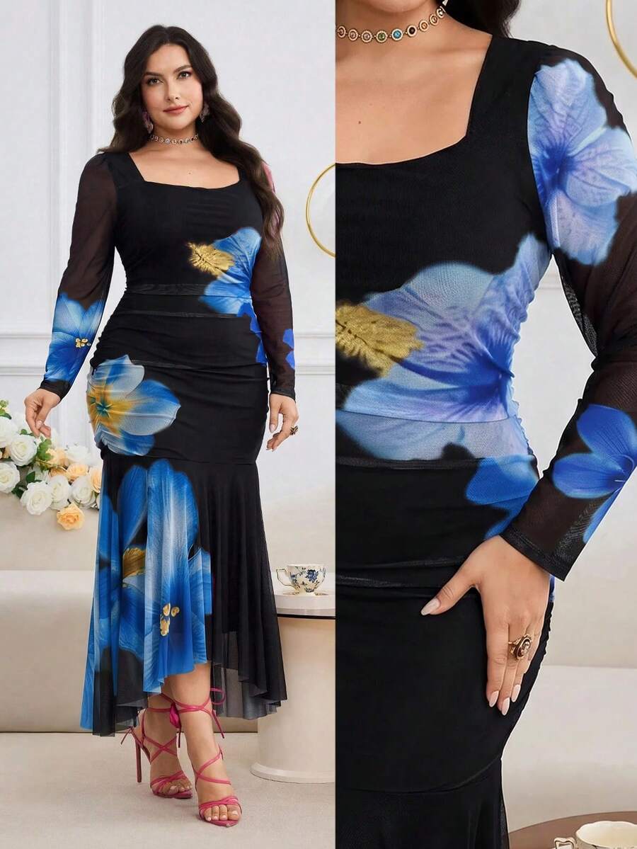 Modelyn Robe grande taille élégante à col carré, coupe slim élastique, avec grand imprimé floral romantique - Bleu azur - Voir 1