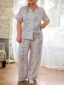 CottageSlumber Romantic Pastoral Floral & Plaid Print Plus Size Pajama Set - Multicolor - View 4