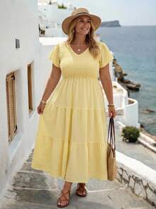 SHEIN CURVE+ Plus Size Women's Butter Yellow Romantic 1950s Vintage Traditional 1920s Spring Ruffle Pink Mid Length Skirt, Bohemian Style, Summer Dress, Vacation - Yellow - View 6