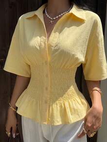 SHEIN EZwear Kemeja Lengan Pendek Kancing Depan Tenun Warna Kuning untuk Wanita, Atasan Musim Panas - Kuning - View 6