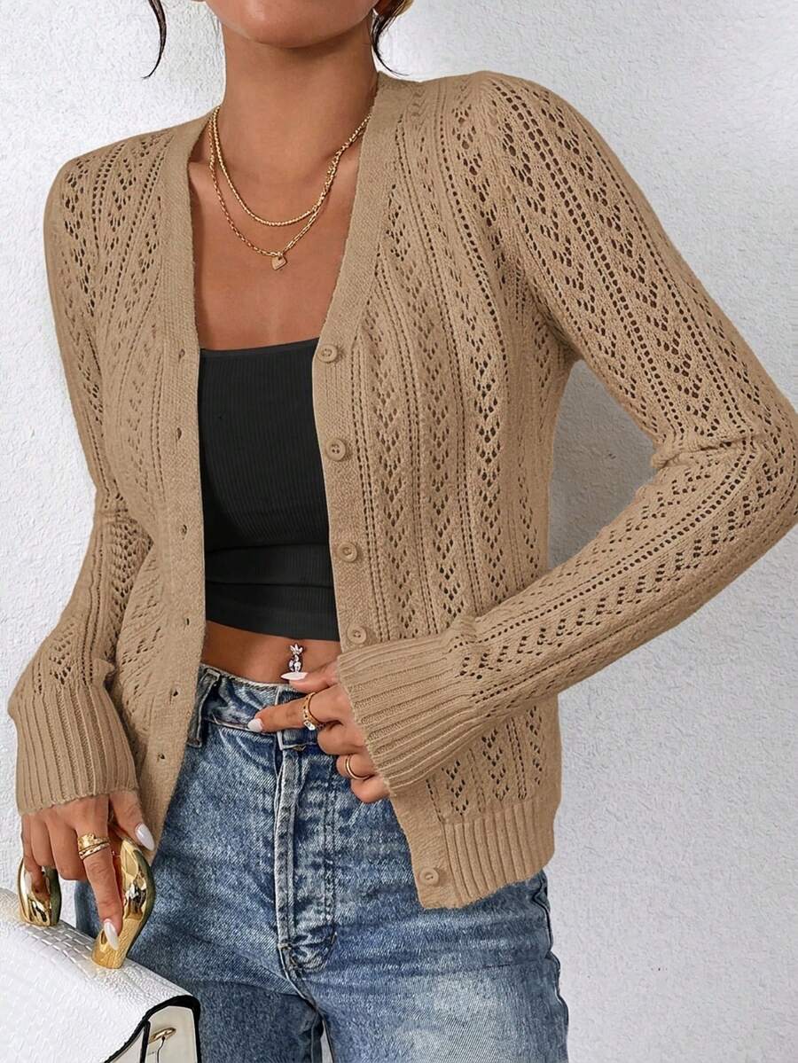 SHEIN Frenchy 女款素色鏤空針織開襟衫 - 駝色 - 查看 1
