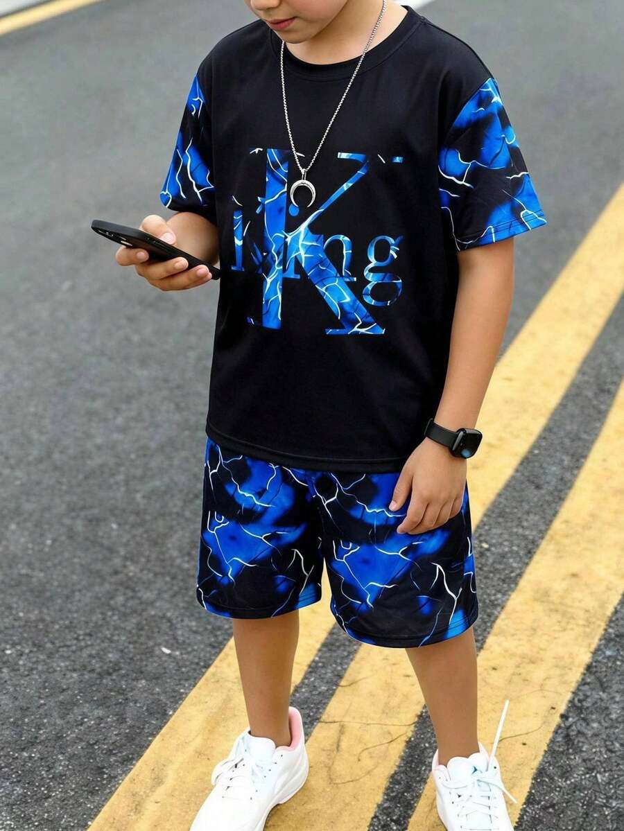 SHEIN 2件組兒童青少年男孩休閒舒適螢光圖案套頭短袖T恤直筒寬鬆短褲針織套裝,運動服,Y2K穿搭,適合春夏秋冬,外出、約會、旅行、度假、家庭聚會、運動 - 藍色 - 查看 1