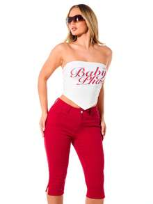 BABYPHAT Stretch Capri Jeans With Iconic Cat Logo Embroidery And Side Slit Hem Detail , Fourth Of July - Red - View 5