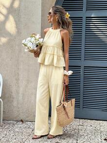 Serisse Women's Solid Color Sleeveless Top And Pants Casual 2 Pieces Set,Summer Outfits For Women - Khaki - View 4