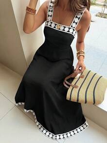 Serisse Women's Vacation Casual Boho Colorblock Embroidered Dress Vacation Black Floral Summer - Black - View 3