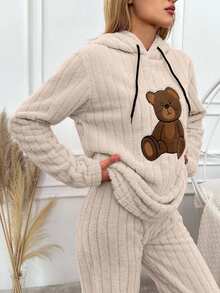 SHEIN Cottnline Women's Message Embroidered Hooded Long Sleeve Sleepwear Top - Beige - View 5