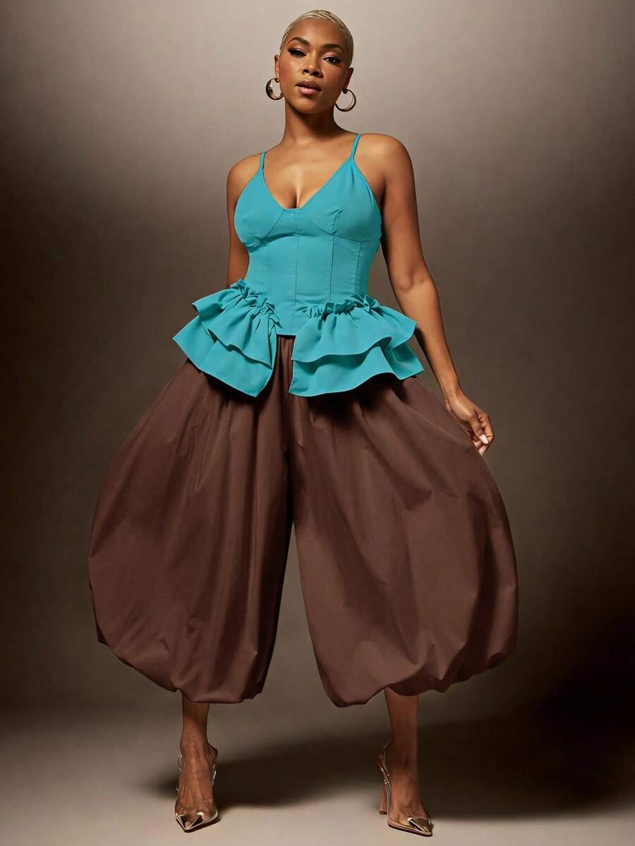 Vixey Solid Elastic Waistband Balloon Shape Culotte Pants, Off Duty, Elevated Casual Sexy, Weekend Date Party Brown Summer - Brown - View 1