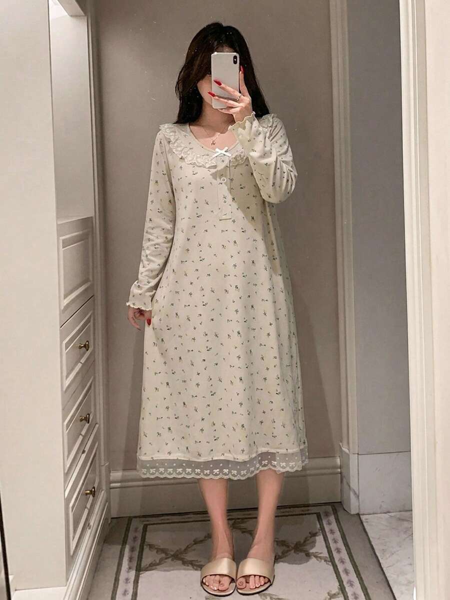 DAZY 甜美花卉蕾絲飾邊長袖寬鬆長洋裝 夏季女款睡裙 - 米色 - 查看 1