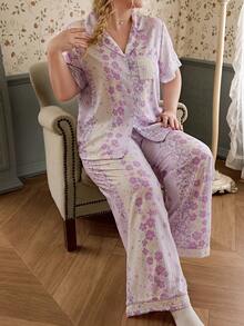 CottageSlumber Conjunto de Pijama Talla Grande con Estampado Floral & Cuadros Romántico Pastoral - Multicolor - Ver 4