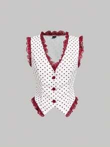 SHEIN MOD Women Polka Dot V Neck Sleeveless Short White Red Sweet Y2K Vest Going Out Party Back To School Fall Autumn - Red and White - View 2