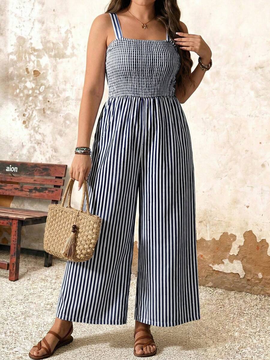 EMERY ROSE Mono de tirantes finos con diseño fruncido casual para vacaciones para mujer talla grande - Azul Marino - Ver 1