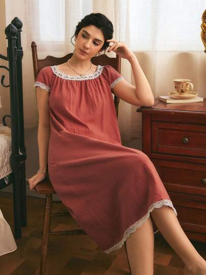 Côtesoire French Romantic Minimalist Pure Cotton Woven Palace Style Lantern Sleeve Women's Long Loose Petal Sleeve Nightgown