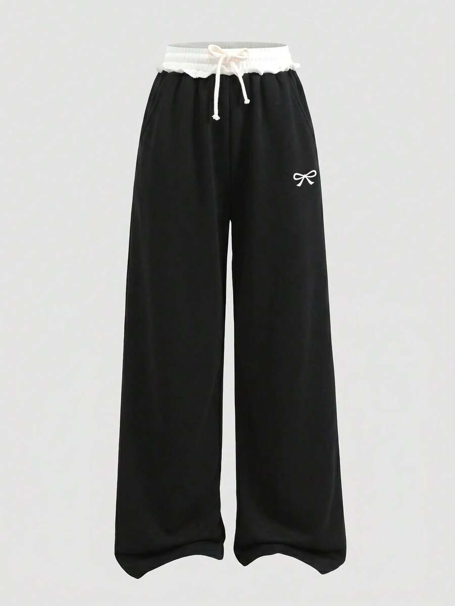 SHEIN Tween Girls Sweatpants Loose Casual Minimalist Comfortable Mid-Waist Bowknot Print Contrast Color Drawstring Decor Sweatpants Heather Gray Tween Girl - Black - View 1