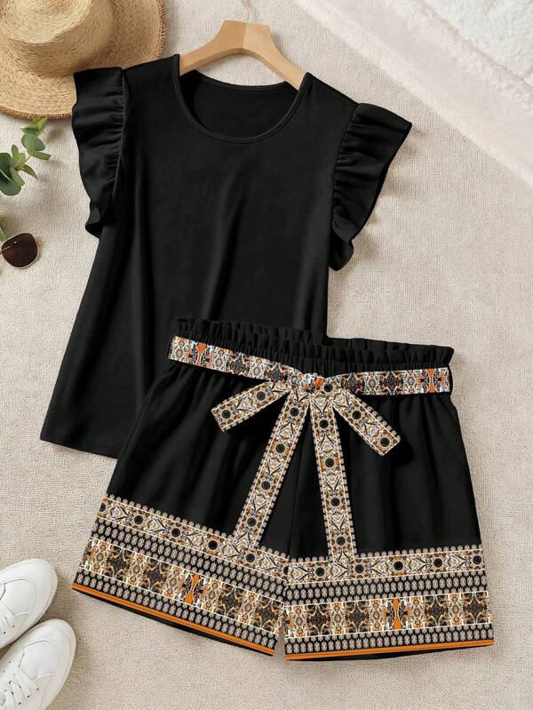 SHEIN LUNE Ensemble 2 pièces élégant avec top à volants de couleur unie et short imprimé, été