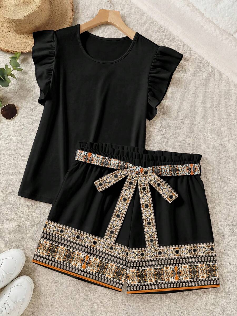 EMERY ROSE Conjunto de 2 piezas con top de volantes de unicolor elegante y shorts estampados, verano - Multicolor - Ver 1