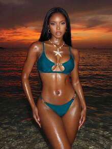 Swim SXY Damen Sommer Strandparty einfarbiges Bikini-Top mit Metallverbinder und Spaghettiträgern und Dreiecks-Unterteil, zweiteiliges Badeanzug-Set in Petrolblau, sexy tropisch - Taubenblau - Übersicht 6