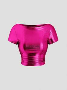 SHEIN Unity Boat Neck Short-Sleeved T-Shirt With Metallic Fabric And Pleats Y2K For New Year Holiday Party - Hot Pink - View 1