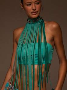 MUSERA Teal Suede Fringe High Neck Studded Bandeau Top - Blue - View 2