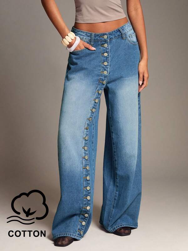 SHEIN BAE Women's Fashion Washed Pocket Design Asymmetrical Button Denim Jeans Going Out Outfits Work Outfit For Women Women's Jeans Baggy JeansLow Rise Jeans