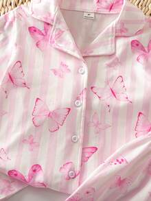 Summer Young Girl Knit Fabric Collared Button-Front Short Sleeve Long Pants Pink Butterfly Striped Fresh Pattern Digital Print Hot-Selling Two Pieces Pajama Set Loungewear - Pink - View 6
